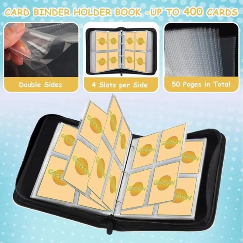4 Pocket Card Binder, Premium Zip Trading Card Binder, 400 Double Sided Pocket PU Card Collection Binder, Collector Card Album